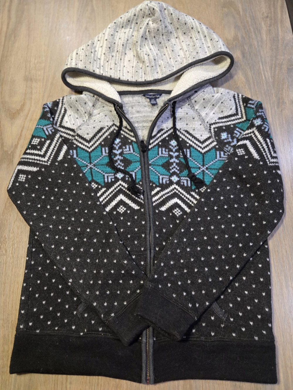 American Eagle Outfitters Charcoal and Teal Nordic Hooded Zip-Up